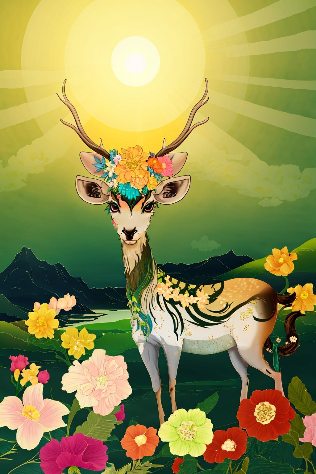 A sika deer, no humans, sun, flower, UHD, high details, best quality, 16k