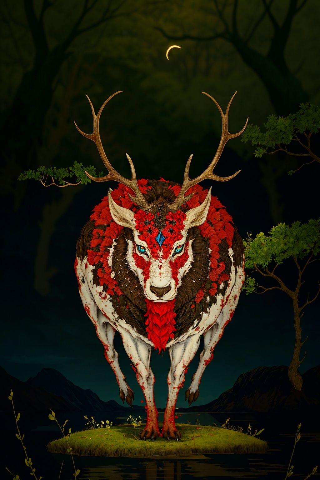 shanhaijing, antlers, no humans, tree, glowing, glowing eyes, outdoors, bare tree, forest, looking at viewer, nature, solo, full body, horns, monster, he, 
