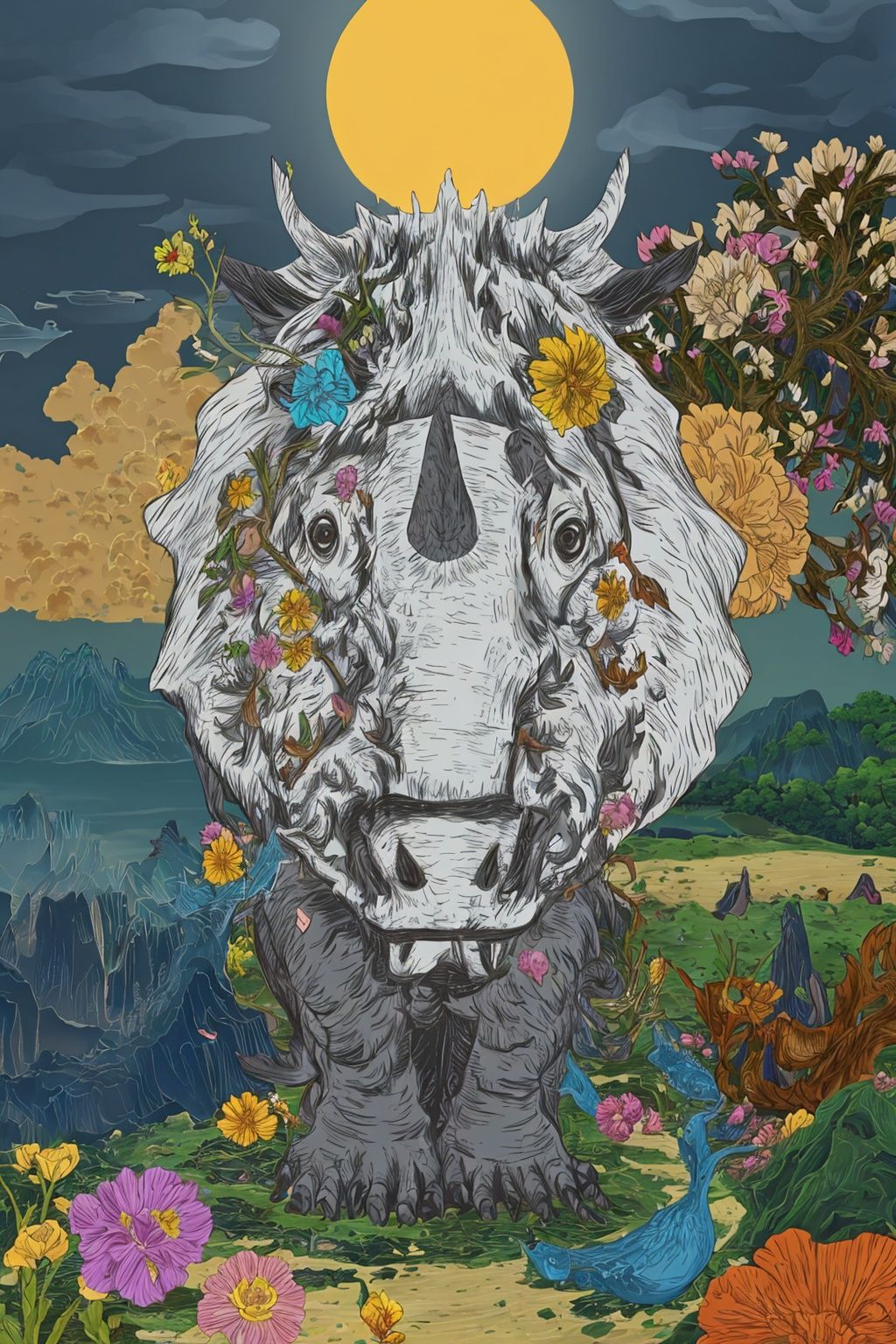 (rhinoceros:1.2), no humans, sun, flower, UHD, high details, best quality, 16k,