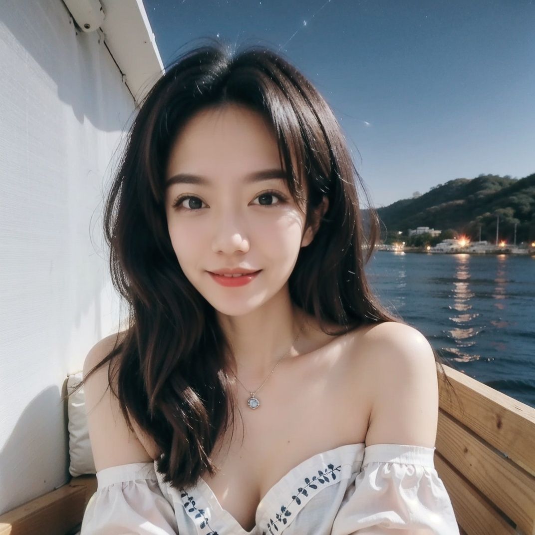 Wearing a cheongsam, off the shoulder, long haired and smiling beauty, at night, by the sea, starry sky, with delicate facial features