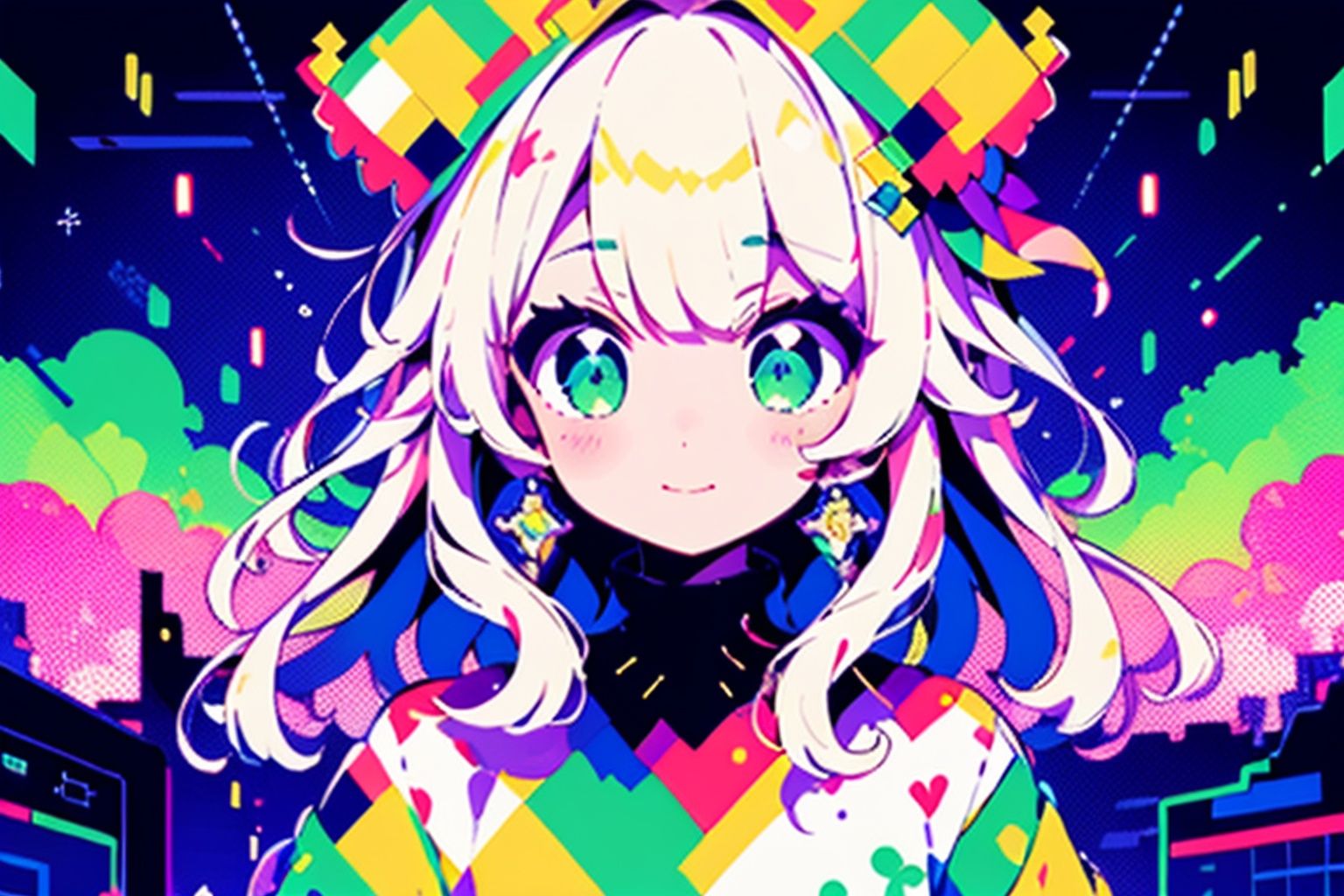 nintendo xsp party girl, in the style of shige's visual aesthetic style, luminous palette, kawacy, mosaic-like, clowncore, cute and colorful, musical academia,pixel art