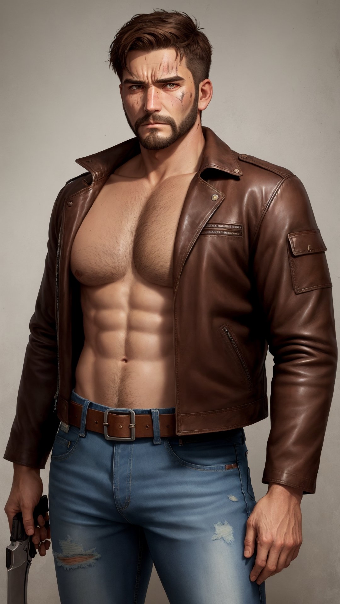 Draw a tall,  full-bodied man with short brown hair and an unshaven beard. His face is marked by scars and wrinkles,  the...