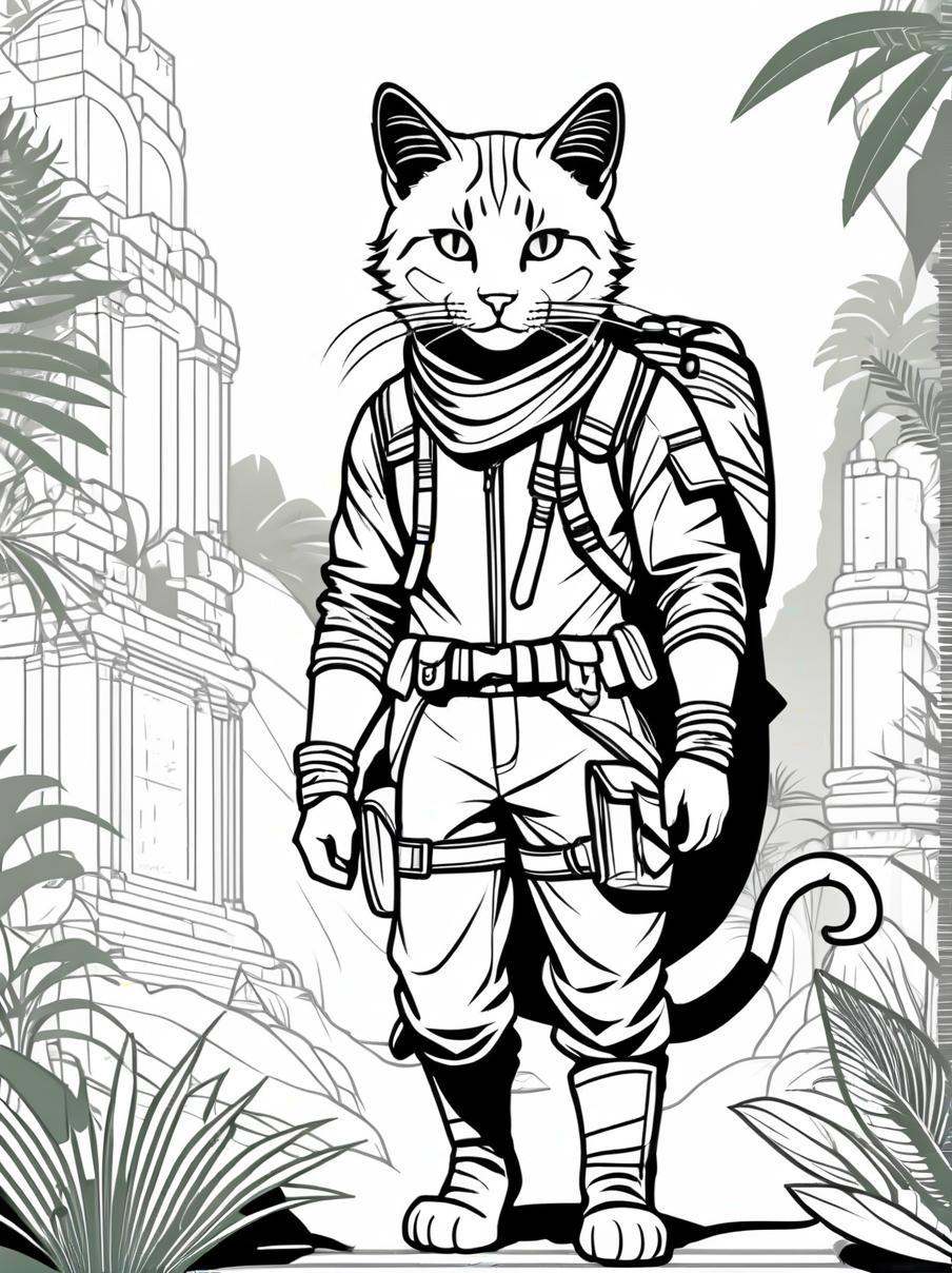 line art drawing a cat,  (adventurer outfit),  lush_jungle on Tensor.Art