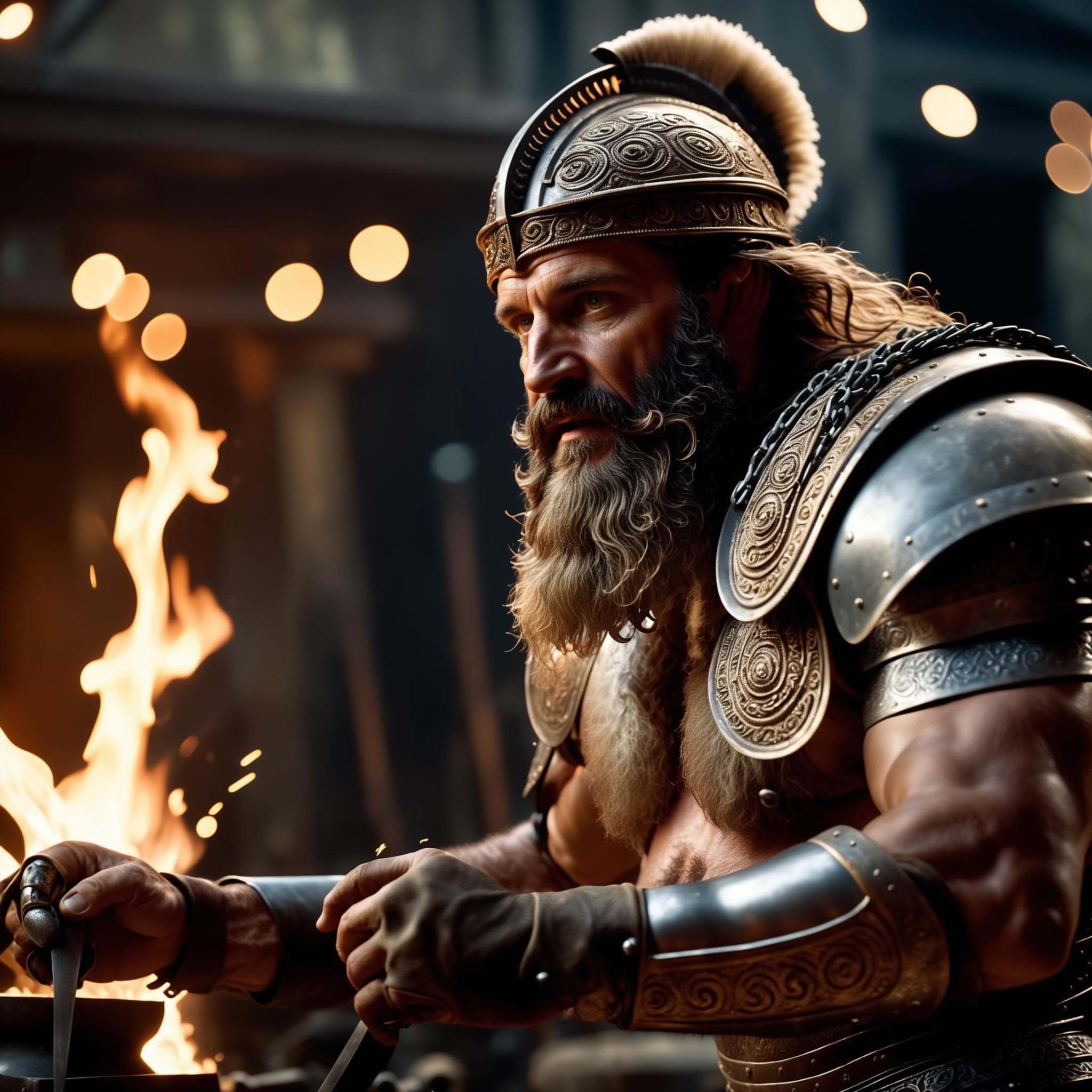 cinematic film still cinematic photo Awardwinning epic cinestil from hephaistos doing blacksmith work,  flying sparks,  an...