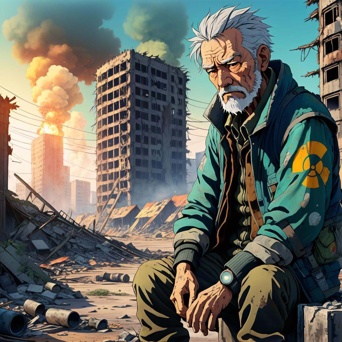 anime artwork ),  2D,  sad old man in a post apocalyptic destroyed city after nuclear blast on Tensor.Art