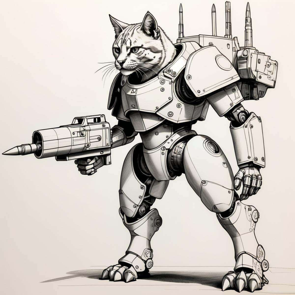 shemetric drawing of a ikea battle cat,  sharp edges,  mounted rocket launcher on Tensor.Art