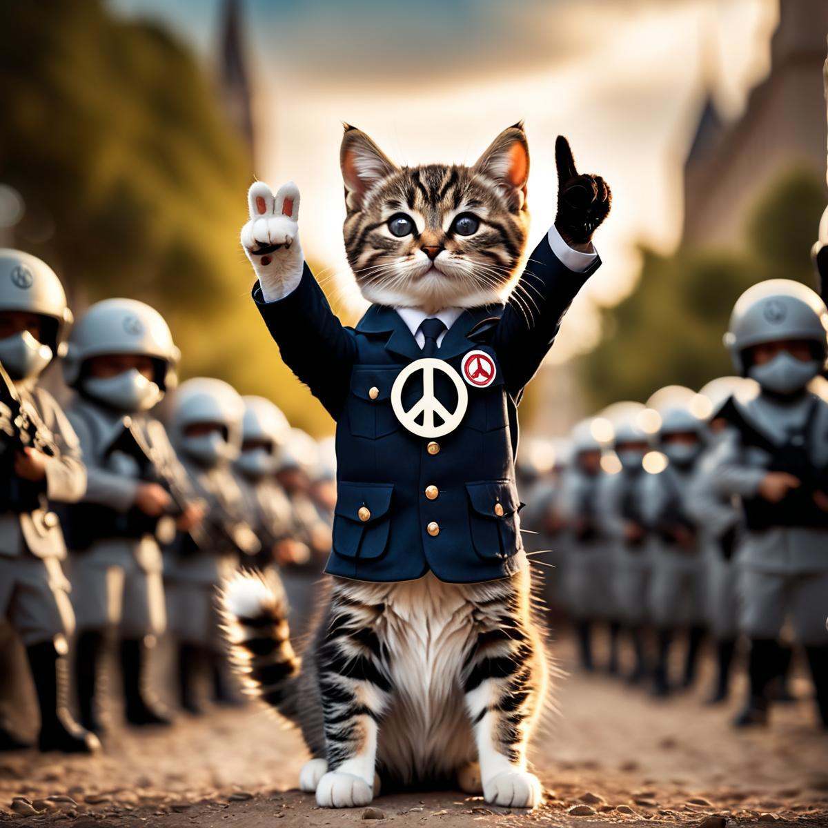 cinematic film still a cat rally,  protesting against war,  holding a peace sign . shallow depth of field on Tensor.Art