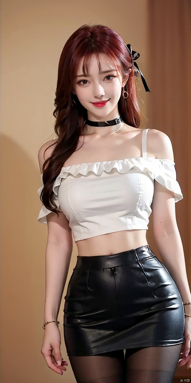  nai3, 1girl, solo, crop top, choker, miniskirt , navel, shirt, midriff, crop top overhang, looking at viewer, white shirt, jewelry, breasts, cowboy shot, bare shoulders, off-shoulder shirt, off shoulder, black choker, thighs, stomach, hand on own thigh, long hair, bracelet, short sleeves, ribbon, hand up, collarbone, hair ribbon, medium breasts, standing, , , bra strap, kind smile, hair ornament, thigh gap, bangs, necklace, expressionless,,kind smile , , blackpantyhose, , Dynamic pose,, yafei,red hair