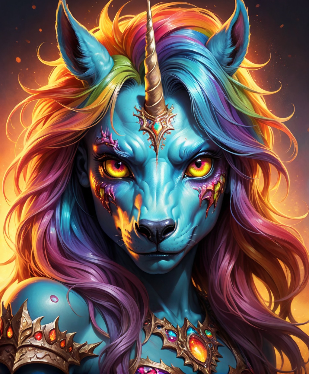 of ,  (monster) Zombified rotting unicorn,  rainbow colours on Tensor.Art