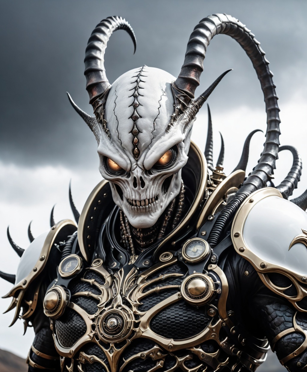 of ,  (monster) low-angle close-up portrait of a god-of-death-alien-demon wearing a extremely detailed warrior armor,  glo...