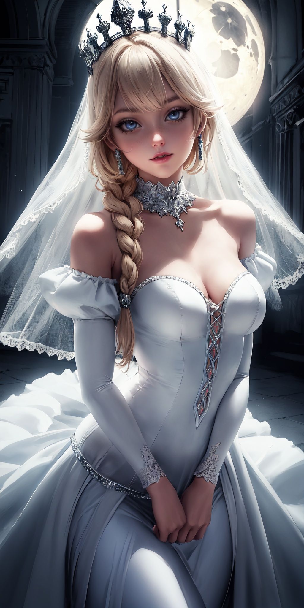 night church, large moonlight, dramatic spotlighting, 1 young girl, happy,full cover white ruffle wedding dresses, Braided crown, dancing, upper body,small breasts,