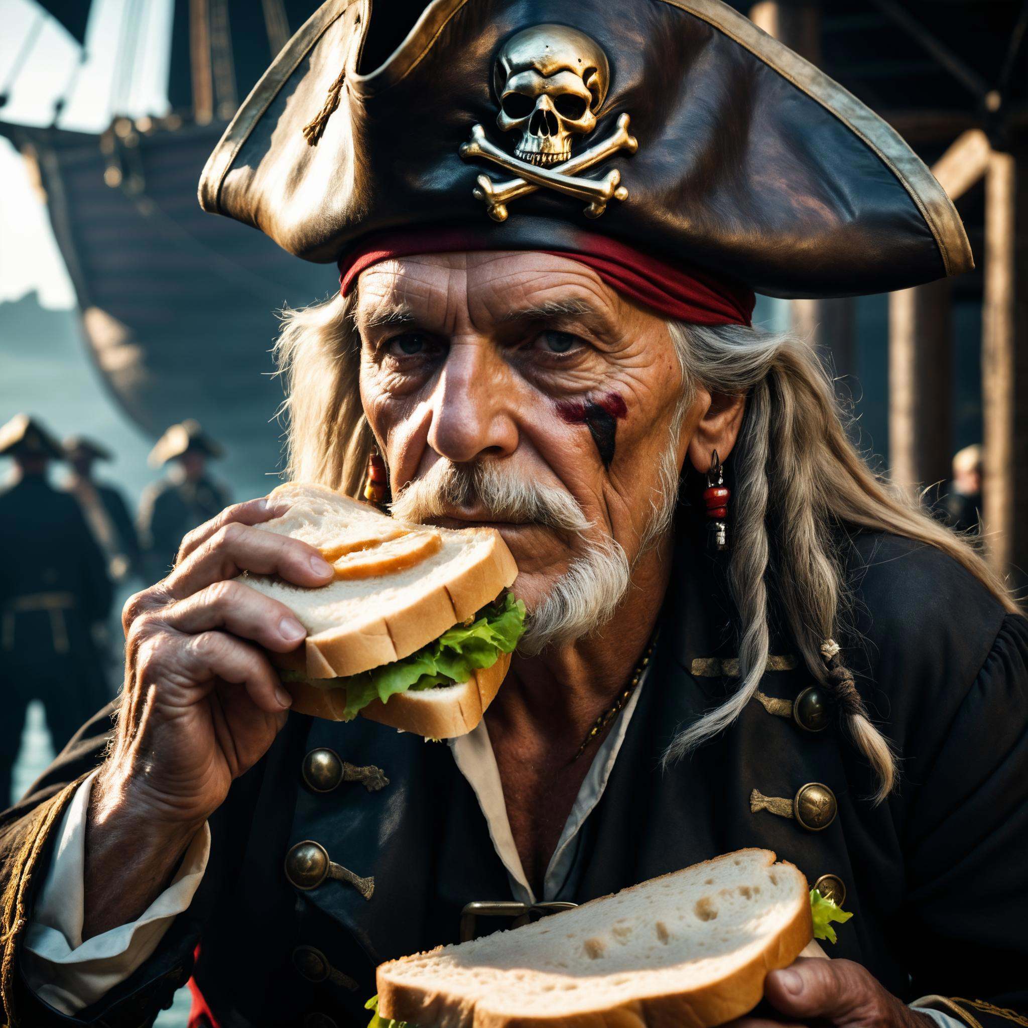 photo of old pirate captain eating a sandwich,  looks at viewer,  cinematic shot on Tensor.Art