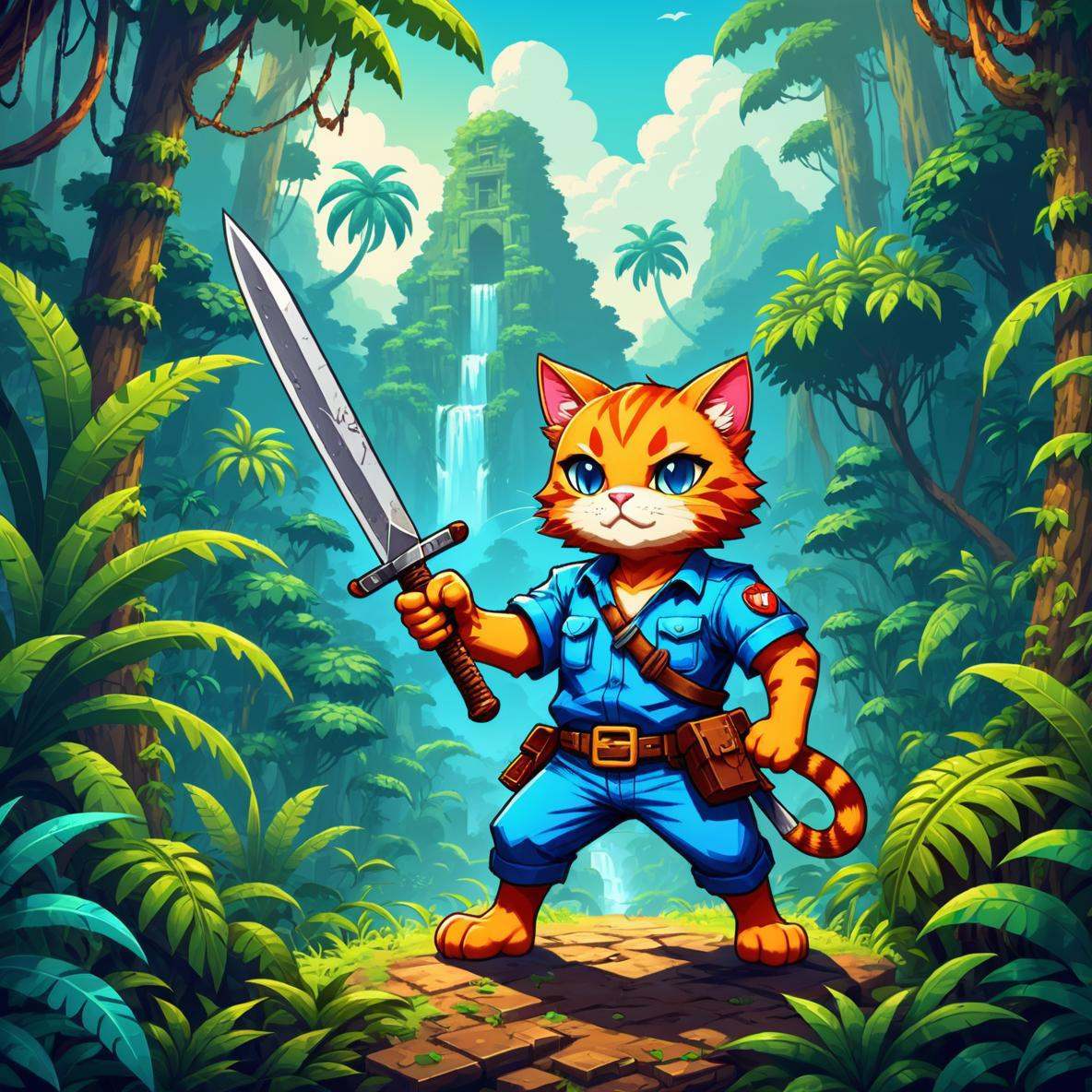 Retro game art anime style,  adventurer cat,  dense jungle on Tensor.Art