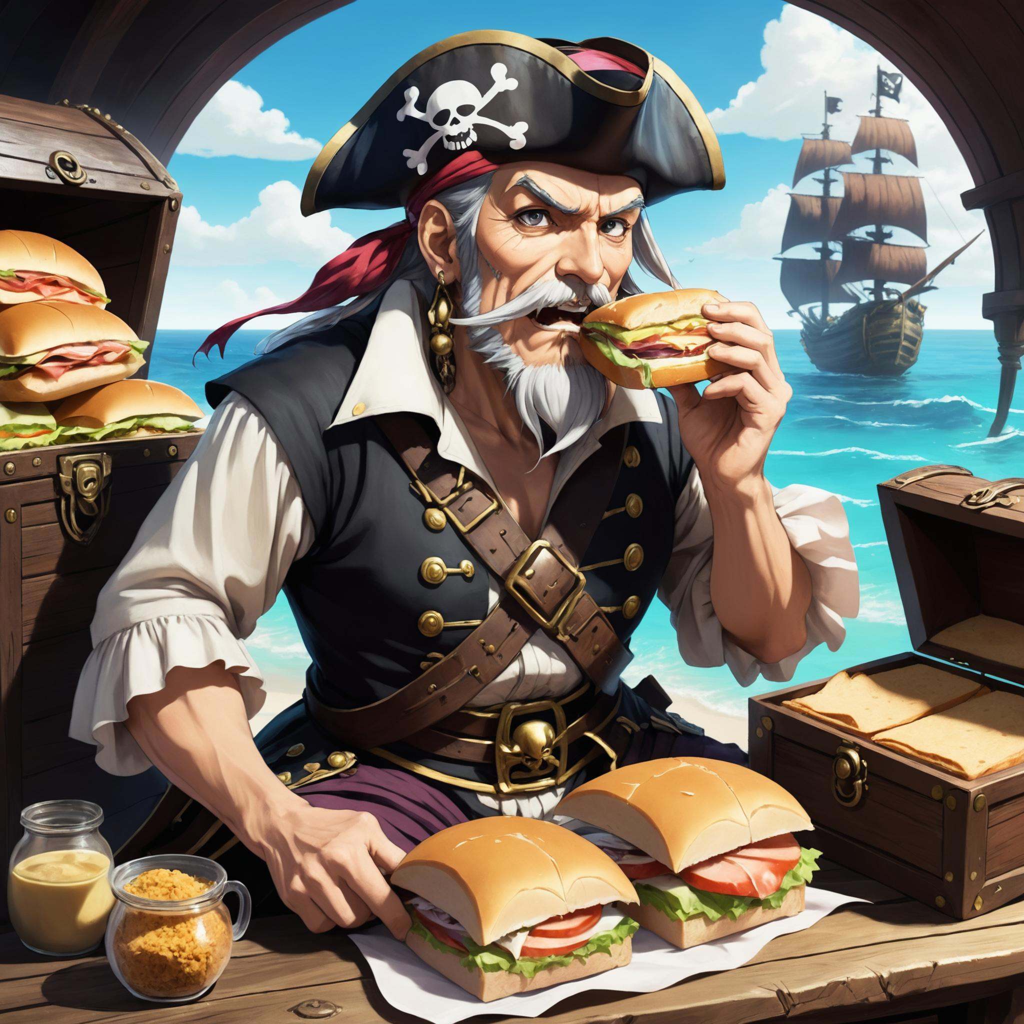 2D,  old pirate captain eating a sandwich,  looks at viewer on Tensor.Art
