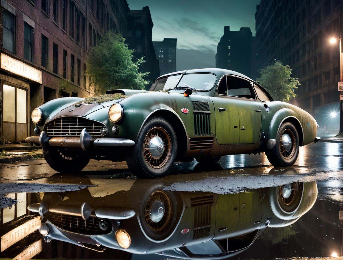 a photo of a dieselpunk sports car,  3/4 front view,  survival on Tensor.Art