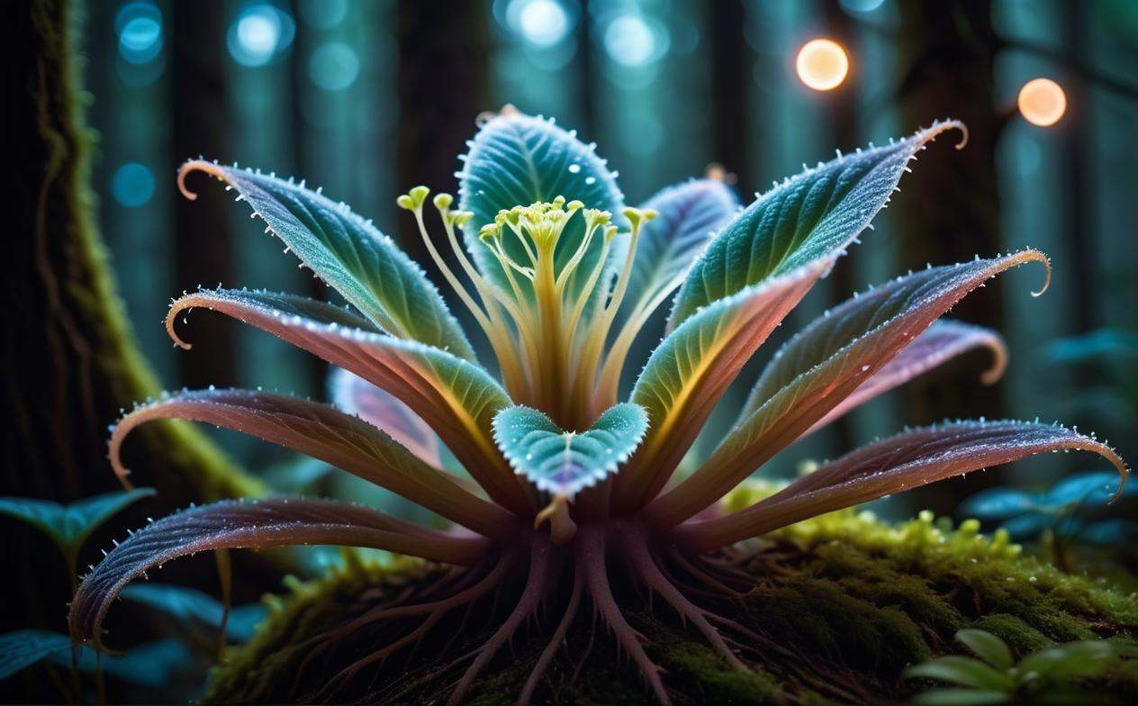 (macro photo),  a flesh eating plant with a ethereal complex colors,  a mesmerizing bioluminescent forest on Tensor.Art