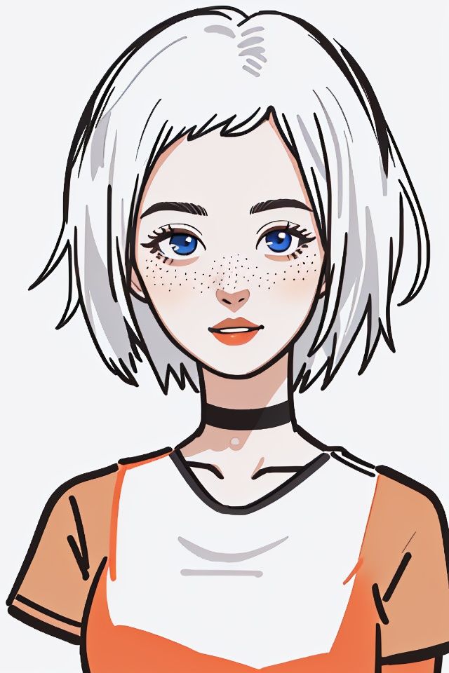 (Optimum quality),(masterpiece),(High definition).bianping,1girl,solo,freckles,choker,white hair,blue eyes,short hair,parted lips,black choker,raglan sleeves,simple background,shirt,upper body,bangs,short sleeves,orange background,dark-skinned female,dark skin.,