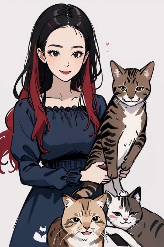 masterpiece,best quality,1girl,cats,lovely dress,long sleeves,multicolored background,(simple background:0.6),