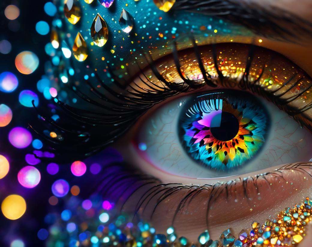 Surrealist art close up shot of 1 beautiful eye,  forming from thousands of colored -crystals,  neon galaxy inside the yor...