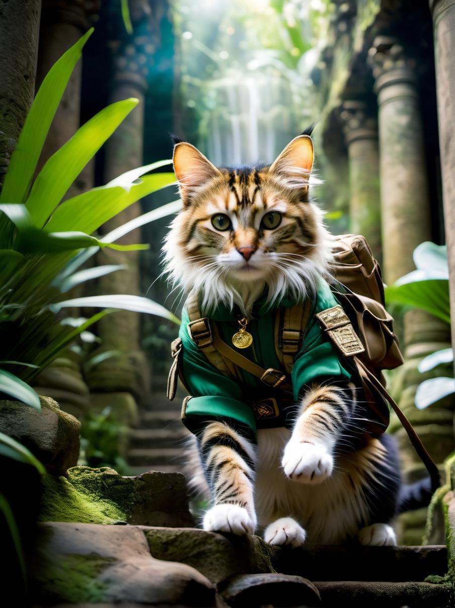 Long exposure photo of a cat,  (adventurer outfit),  lush_jungle on Tensor.Art
