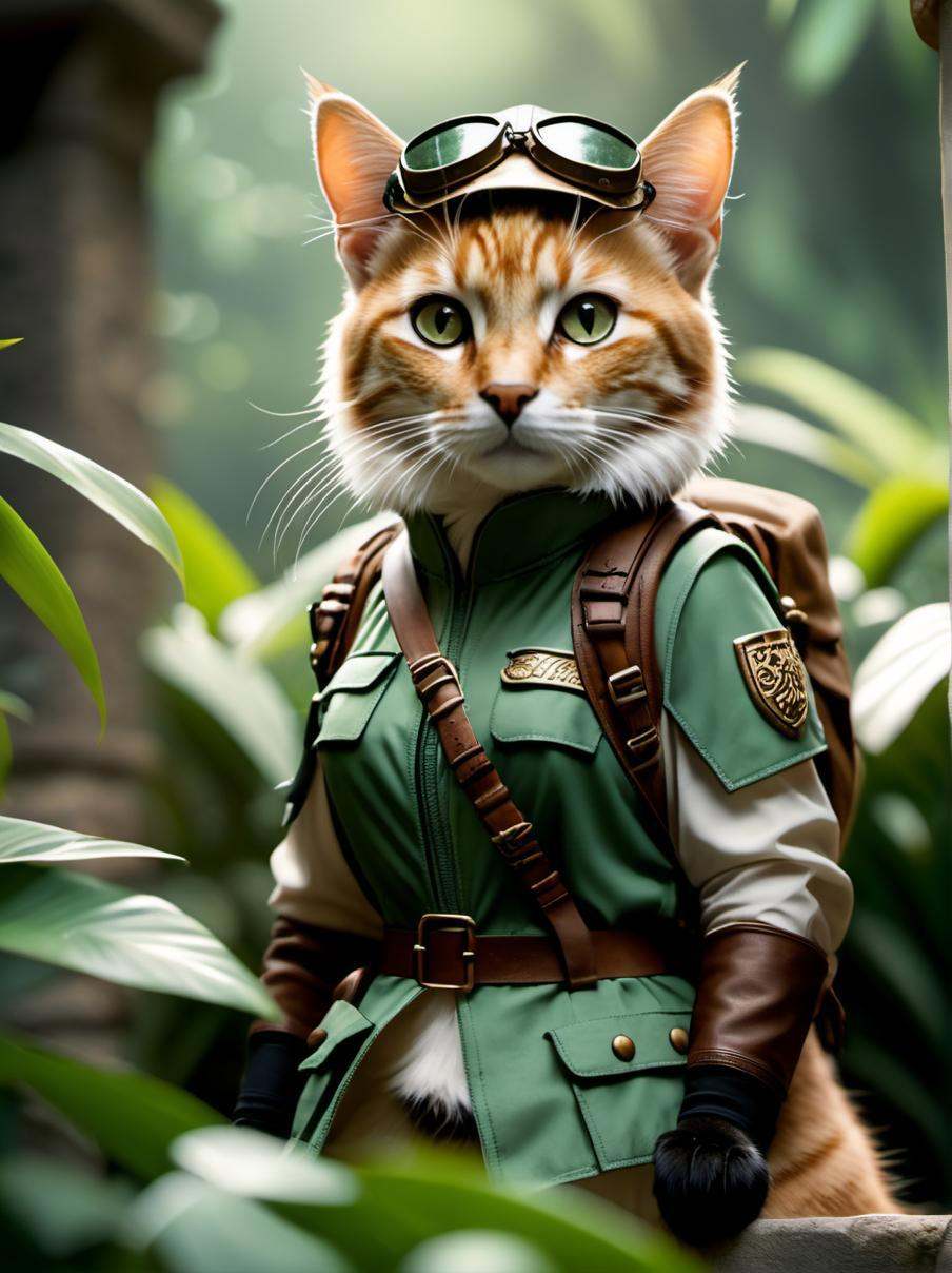 cinematic film still a cat,  (adventurer outfit),  lush_jungle on Tensor.Art