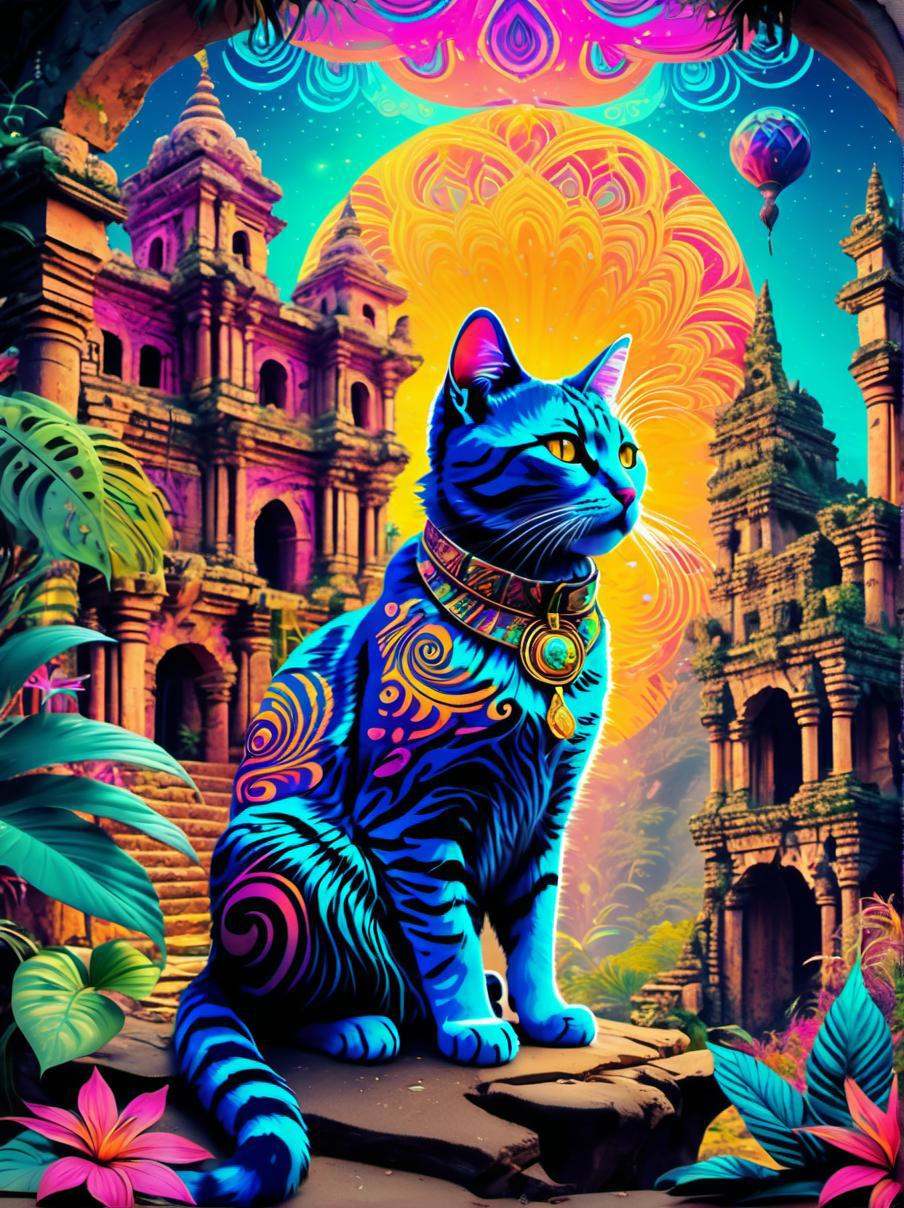 Psychedelic style a cat,  (adventurer outfit),  lush_jungle on Tensor.Art