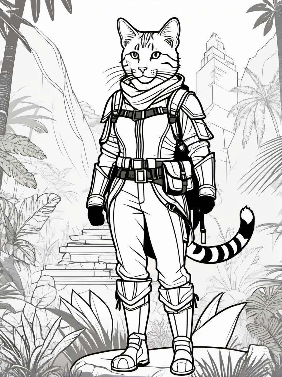 line art drawing a cat,  (adventurer outfit),  lush_jungle on Tensor.Art