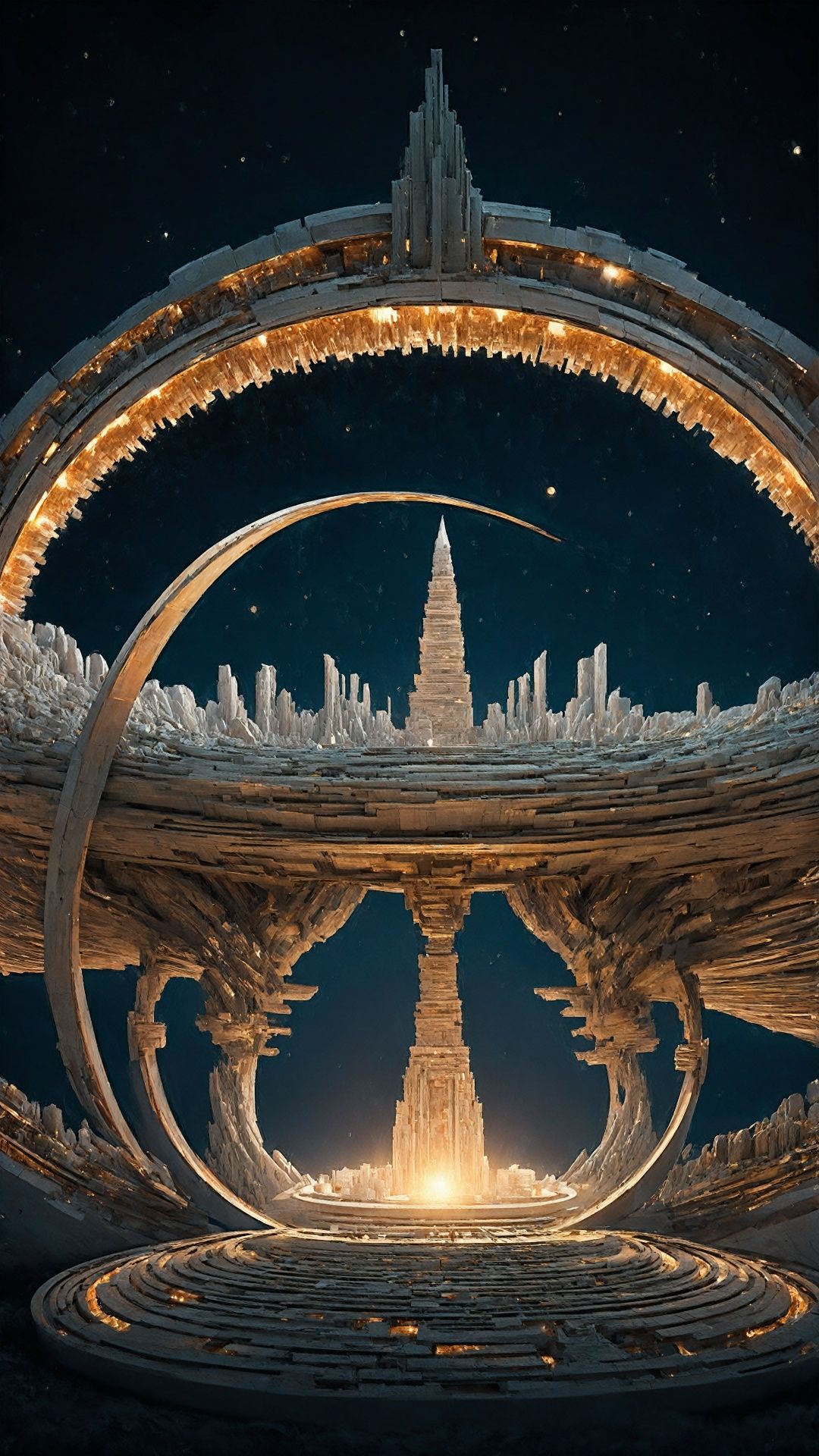 (Science Fiction Concept Object Light) (Conceptualization, Fantasy Style: 1.5) (Advanced Color: 1.5) (Intricate Detail: 1.5) This image shows an intoxicating fantasy building with a semicircle at its base and fantasy emanating from behind The effect of diffusion of circular lines. In the center of the picture, a huge, semi-circular building rises from the ground, as if it is a miracle from another world. The circular base of the building is an exquisite stone carving, covered with ancient symbols and decorations, which seems to hide many secrets