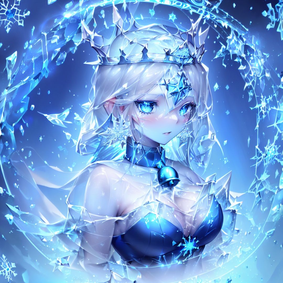 (detailed light), (an extremely delicate and beautiful), volume light, best shadow,cinematic lighting, flash, Depth of field, dynamic angle, [nsfw:0.8], Oily skin,
((ice-sculpture-loli)+(detailed eyes)+(detailed messy white ice-hair)+(Extremely delicate and beautiful ice-sculpture-loli)+(Ice-crystals-skin:1.4)+(detailed ice-Texture:1.4))+(Reflective snowflake-skin:1.3)+(blue bustier:1.35)+(Snowflakes on the skin:1.3)+(ice crystals on the skin:1.3)+(ice-snowflake-crown on head:1.25)+(snowflake)+(Cute anime face)+(bell collar:1.3)+(Medium breasts:1.2)+(Extremely delicate and beautiful)+(Flowing-ice:1.3),upper body,
(complexity),((detailed blue-fire-magic-circle background:1.3)+(Snowflake-concentric-circles:1.3))