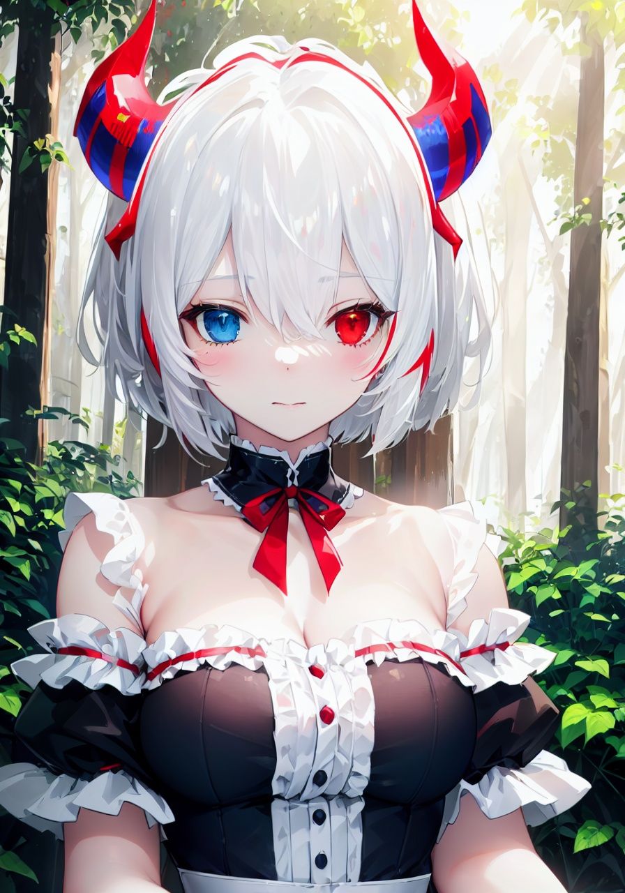 (detailed light), (an extremely delicate and beautiful), volume light, best shadow,cinematic lighting, flash, Depth of field, dynamic angle, [nsfw:0.8], Oily skin, (upper body)(solo:1.2),(short hair,white hair:1.3),((rem:0.7)+(miku:0.8)),has(2 red horns:1.2),(heterochromia<(red,blue)>),(black_white maid_outfit) (off shoulder) (frills:1.2),(in forest),