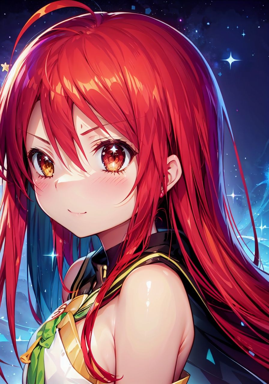 (detailed light), (an extremely delicate and beautiful), volume light, best shadow, flash, Depth of field, dynamic angle, Oily skin, 1 girl, upper body,  Shana(shakugan no shana),red hair,1ahoge,, (pharmacy, stars)