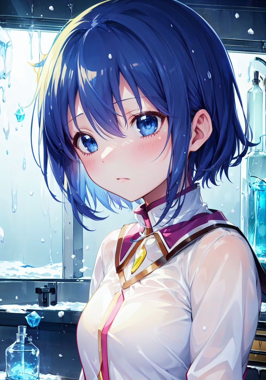 (detailed light), (an extremely delicate and beautiful), volume light, best shadow, flash, Depth of field, dynamic angle, Oily skin, 1 girl, upper body,  Miki Sayaka(mahou shoujo madoka magica),blue hair,short hair,blue hair,, (laboratory, snow,ice)