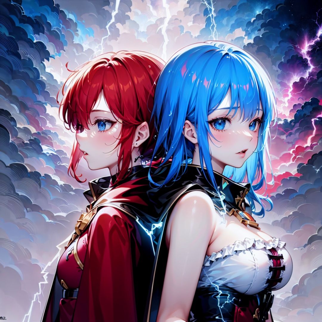 ((best quality)), ((masterpiece)), ((ultra-detailed)), (illustration), (detailed light), (an extremely delicate and beautiful),(cowboy shot),[(confrontation split screen theme)::0.38], (2 girls:1.3)/=(left-side<(girl a<((spread lots of red_Lightning on cape),(spread lots of red Lightning on frills bustier))> and red hair and(Lightning strike and (Electric shock:1.25)))>),(Detailed anime face),glowing pupil,/=(Back to back:1.25),(yuri:0.8),(Lightning-pov:1.3),/=(right-side<(girl b<((spread lots of blue_Lightning on cape),(spread lots of blue Lightning on frills bustier))> and blue hair and (Lightning strike and (Electric shock:1.25)))>),(Detailed anime face),glowing pupil,/=(night sky background),(cloudy sky),((electricity)),((wind)),Depth of Field,best-lighting,volumetric-light,