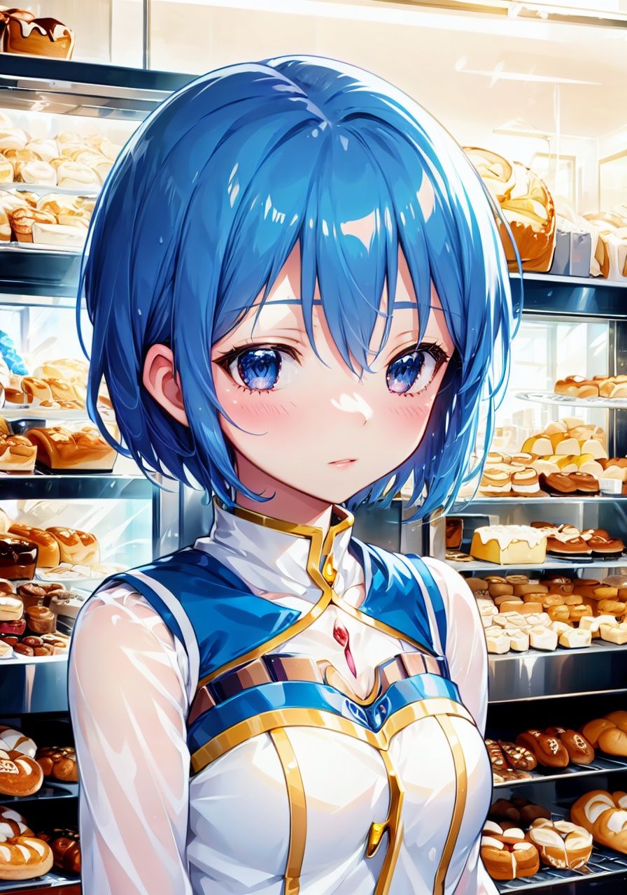 (detailed light), (an extremely delicate and beautiful), volume light, best shadow, flash, Depth of field, dynamic angle, Oily skin, 1 girl, upper body,  Miki Sayaka(mahou shoujo madoka magica),blue hair,short hair,blue hair,, (bakery, cloudy)