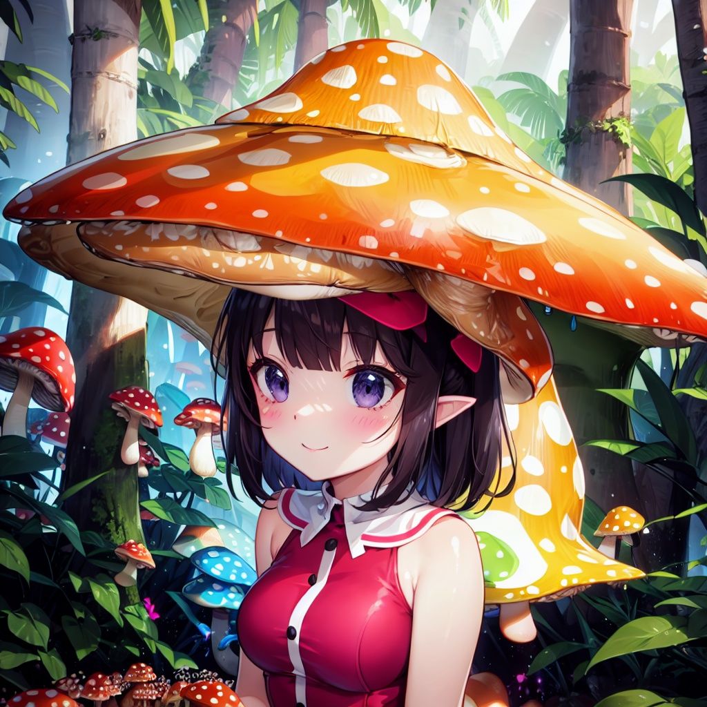 Forest after rain, Amazon rainforest, lots of tropical trees, palm trees, lots of giant mushrooms, lots of poison mushrooms, red and white spotted mushrooms, purple mushrooms, yellow mushrooms, white mushrooms, explosion mushrooms, charm mushrooms, fluorescent mushrooms
(monsterification:1.3), (1 giant mushroom_girl, wearing Spotted dress, spotted mushroom hair), (spotted mushroom hat:1.2), (upper body), (cute face), beautiful eyes
(detailed light), (extremely delicate and beautiful), volume light, best shadow, flash, Depth of field