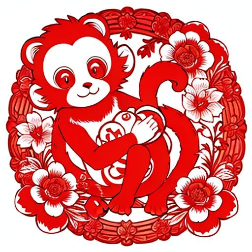 paper-cut art,monkey，red theme，flower,<lora:2261ac6b5fa0e73b866ba8b82812d42b2f4238b7f374111234d95800bae340f0:0.6>