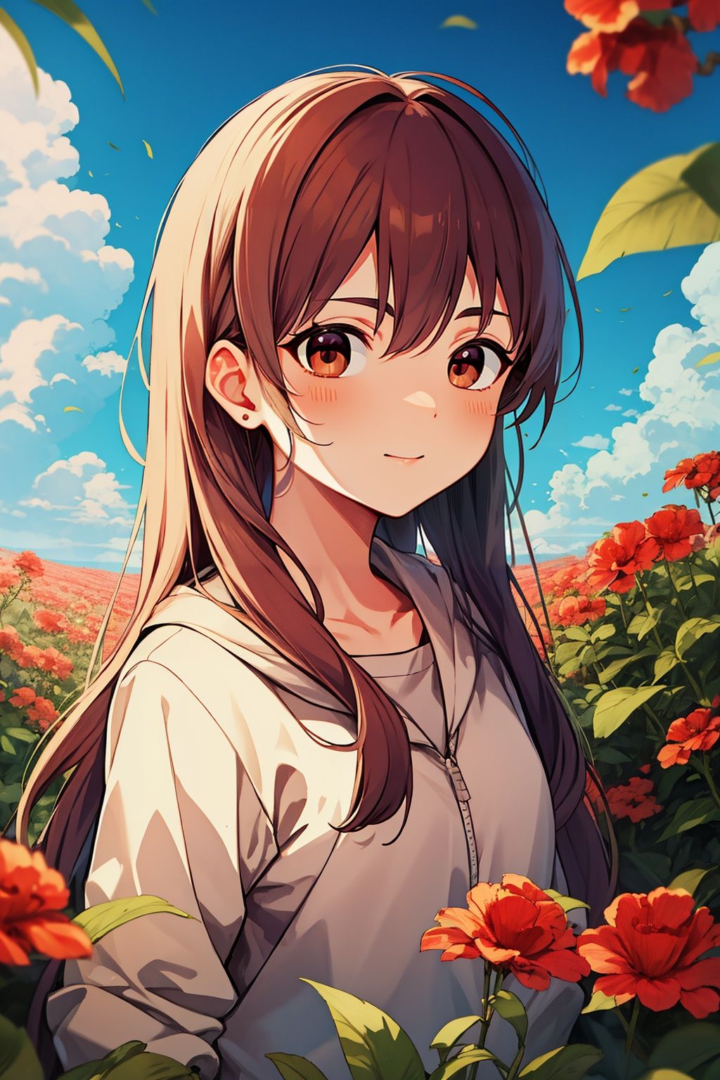 <lora:大眼崽:0.9>,sen,1girl,front view,(upper body:1.3),red flowers,long hair,