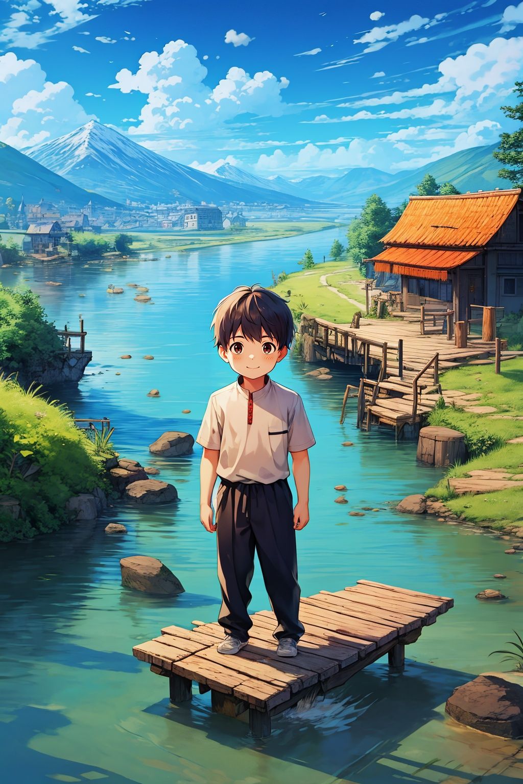 <lora:大眼崽:0.9>,sen,1boy,full body,mountains and rivers,chinese school uniform,