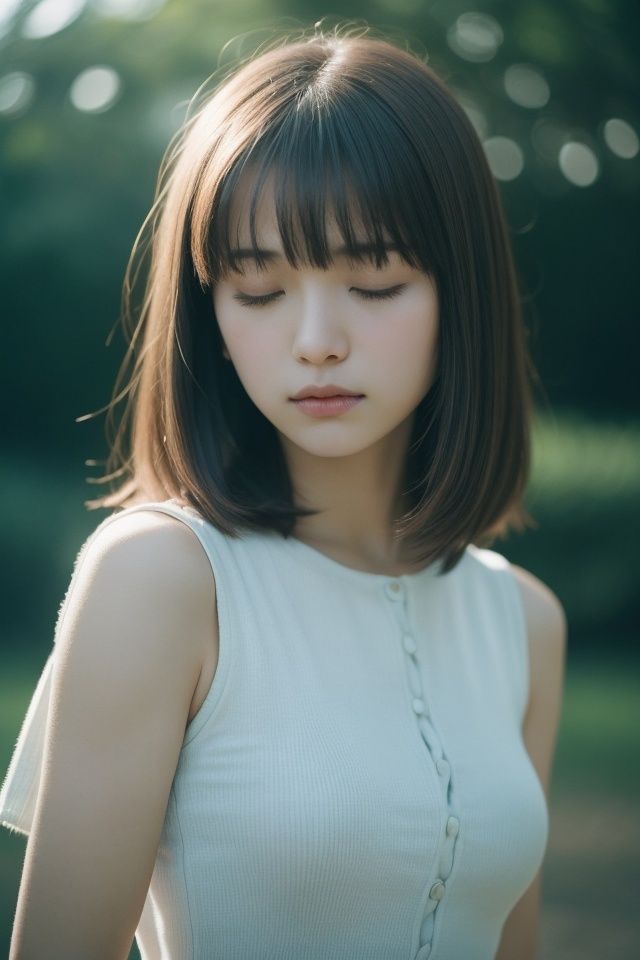 cinematic film still 1girl,closed eyes,light blue,Straight hair,long hair,light cream,upper body,light simple background,looking at viewer,blunt bangs,<lora:质感加强V1:0.8>, . shallow depth of field, vignette, highly detailed, high budget, bokeh, cinemascope, moody, epic, gorgeous, film grain, grainy
