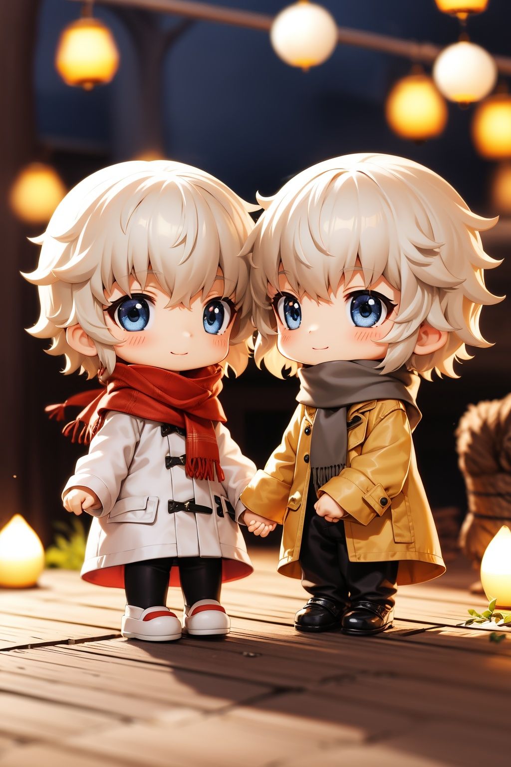 <lora:sen_20230918104202:0.9>,sen,smile,sitting,blurry background,blush,holding hands,white hair,siblings,chibi,short hair,long sleeves,coat,scarf,outdoors,grey eyes,depth of field,bangs,full body,blue eyes,