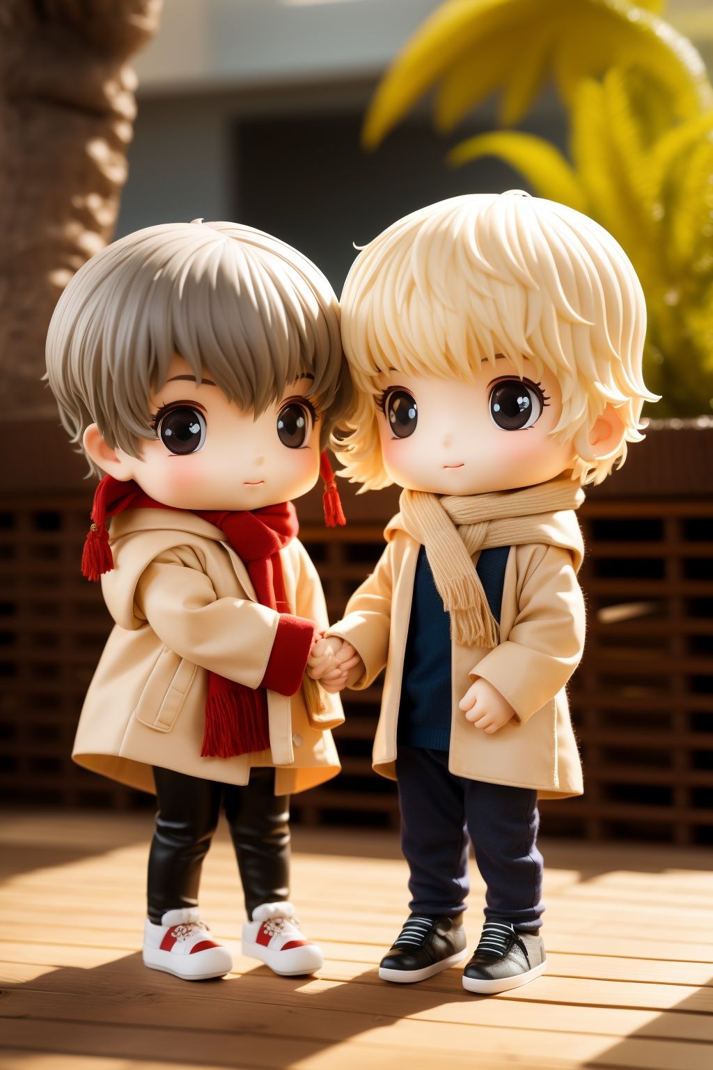 <lora:sen_20230918104202:0.9>,sen, smile, sitting, blurry background, blush, holding hands, white hair, siblings, chibi, short hair, long sleeves, coat, scarf, outdoors, grey eyes, depth of field, bangs, full body, blue eyes,