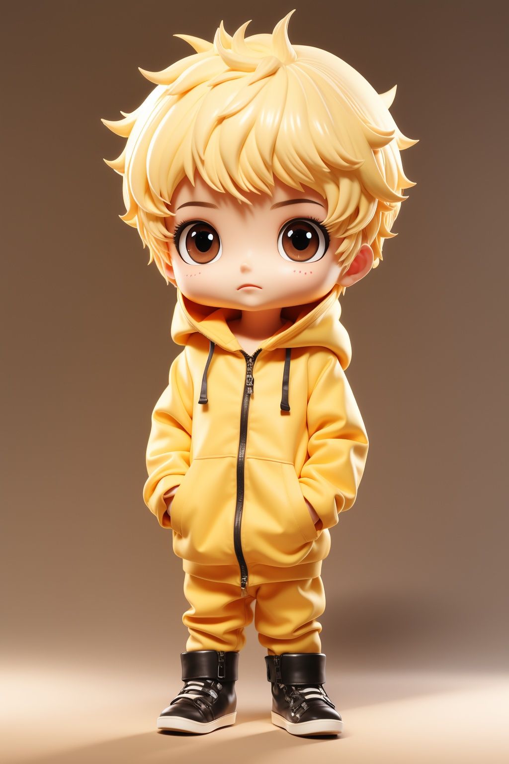 <lora:sen_20230918104202:0.9>,ssen,blonde hair,1boy,solo,yellow eyes,male focus,chibi,looking at viewer,hood,standing,full body,zipper,arms at sides,brown background,boots,hoodie,jacket,long sleeves,siblings, smile, sitting, freckles, red eyes, chibi, short hair, blonde hair, looking at another, white hair, blush