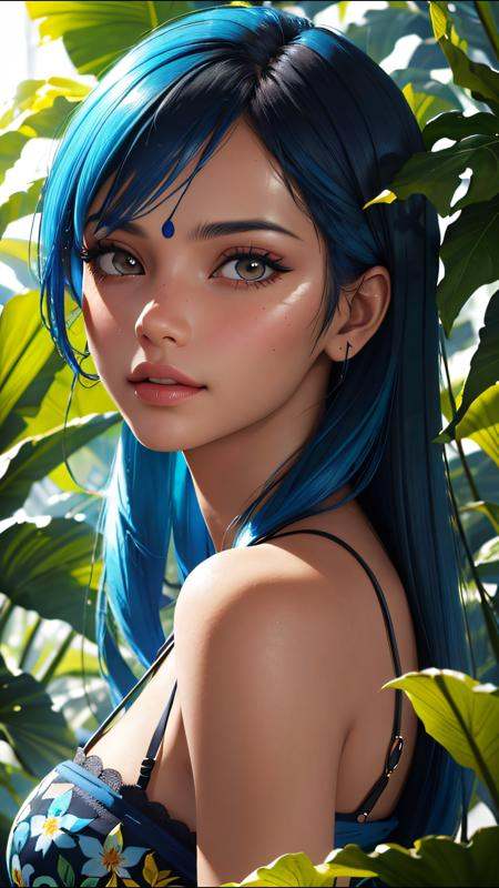 fashion photography portrait of indian girl with blue hair,  in lush jungle with flowers,  3d render on Tensor.Art