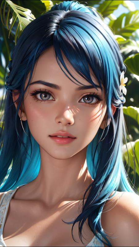 fashion photography portrait of indian girl with blue hair,  in lush jungle with flowers,  3d render on Tensor.Art