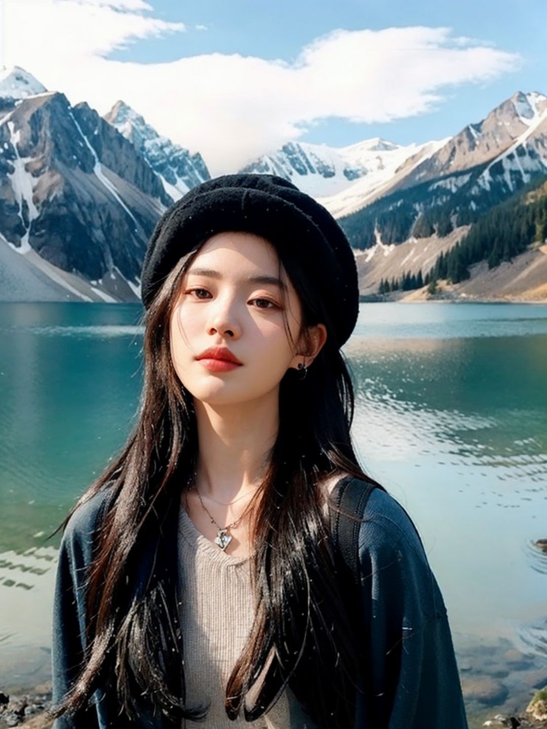 1girl, solo, hat, jewelry, long hair, realistic, black hair, earrings, outdoors, photo background, mountain, necklace, river, looking at viewer, lake, day, nature, upper body, black eyes, lips, a woman with long hair wearing a hat and a backpack near a lake and mountains with snow on the tops