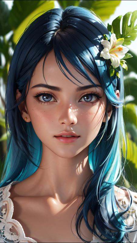 fashion photography portrait of indian girl with blue hair,  in lush jungle with flowers,  3d render on Tensor.Art
