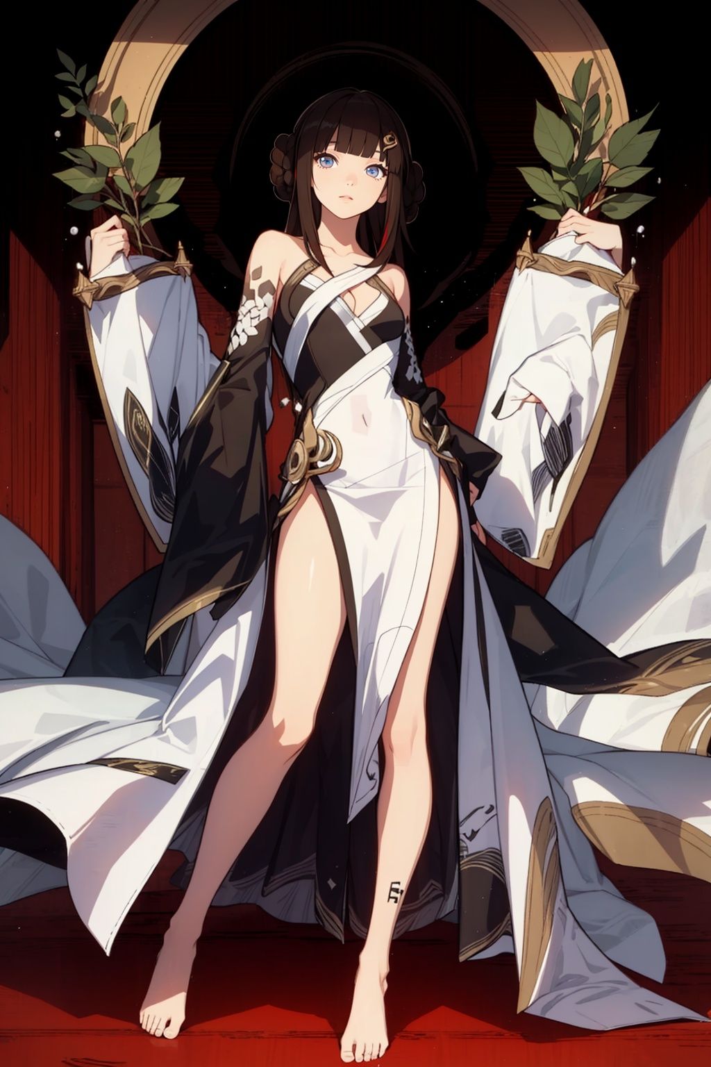 (masterpiece:1.3),(the best quality:1.2),(super fine illustrations:1.2),(Masterpiece),high quality,high detail,(white background:1.2),looking at viewer,(SOLO:1.4),outline,simple background,, off shoulder,hairclip,chinese clothes,sleeves past wrists,strapless dress,mole under eye,wide sleeves,blunt bangs,barefoot,hair ornament,hair bun,brown hair,detached sleeves,long hair,1girl,solo,
