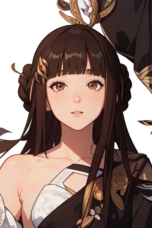 (masterpiece:1.3),(the best quality:1.2),(super fine illustrations:1.2),(Masterpiece),high quality,high detail,(white background:1.2),looking at viewer,(SOLO:1.4),outline,simple background,<lora:苍玄丹朱:0.8>, off shoulder,hairclip,chinese clothes,sleeves past wrists,strapless dress,mole under eye,wide sleeves,blunt bangs,barefoot,hair ornament,hair bun,brown hair,detached sleeves,long hair,1girl,solo,