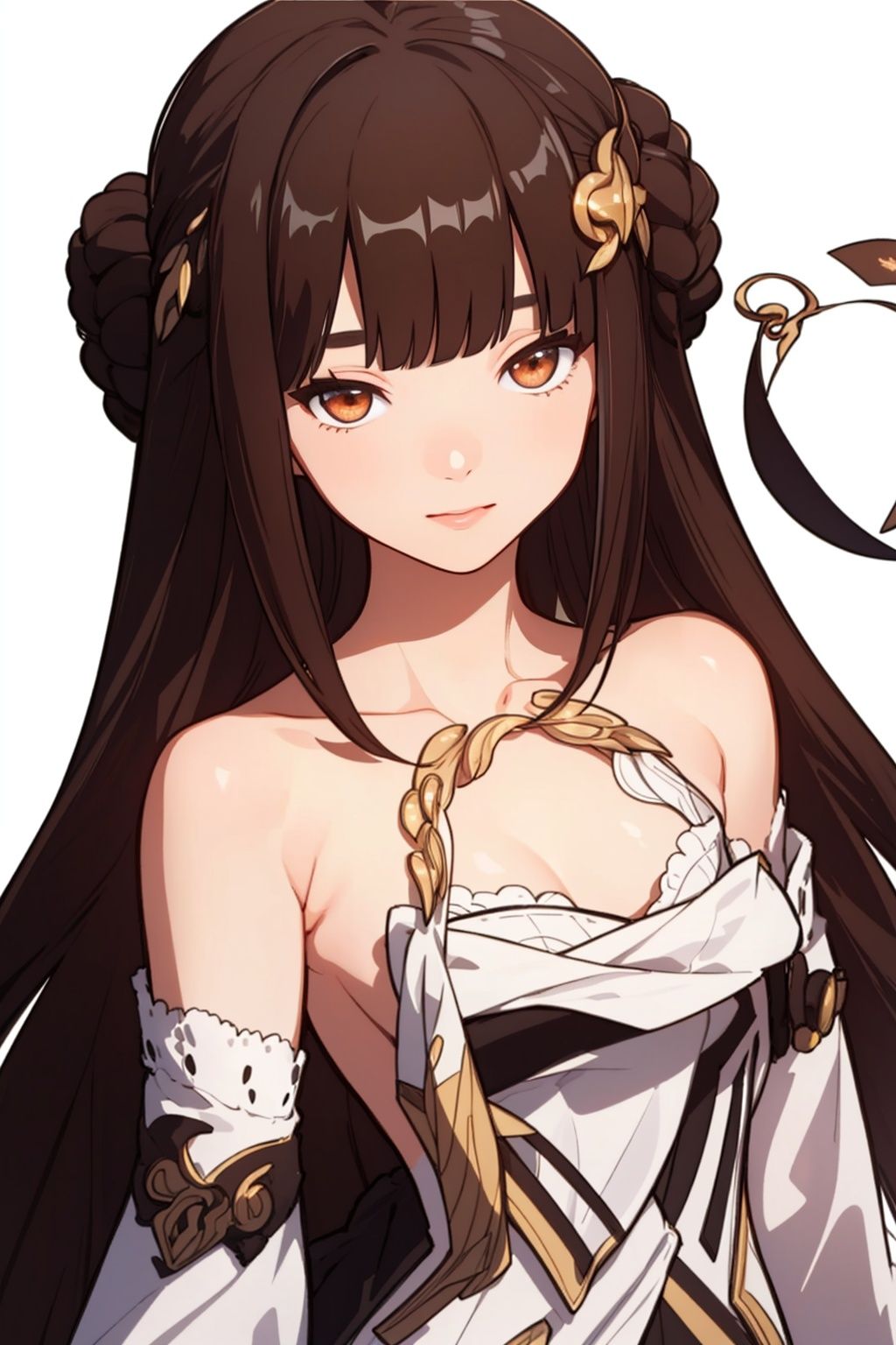 (masterpiece:1.3),(the best quality:1.2),(super fine illustrations:1.2),(Masterpiece),high quality,high detail,(white background:1.2),looking at viewer,(SOLO:1.4),outline,simple background,, off shoulder,hairclip,chinese clothes,sleeves past wrists,strapless dress,mole under eye,wide sleeves,blunt bangs,barefoot,hair ornament,hair bun,brown hair,detached sleeves,long hair,1girl,solo,