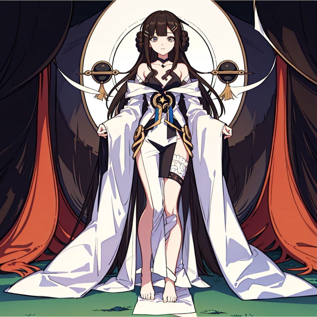 (masterpiece:1.3),(the best quality:1.2),(super fine illustrations:1.2),(Masterpiece),high quality,high detail,(white background:1.2),looking at viewer,(SOLO:1.4),outline,simple background,, off shoulder,hairclip,chinese clothes,sleeves past wrists,strapless dress,mole under eye,wide sleeves,blunt bangs,barefoot,hair ornament,hair bun,brown hair,detached sleeves,long hair,1girl,solo,
